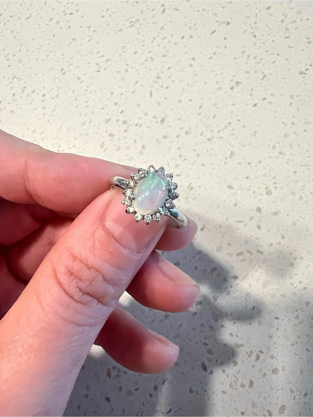 14k White Gold Opal with Mini Diamond Halo Ring - Size 6